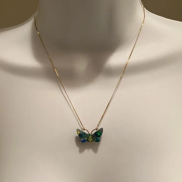 Black Opal, Diamond, and 14k Gold Butterfly Necklace - Picture 2 of 6